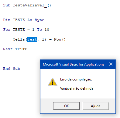 variáveis no vba